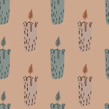Hand drawn creative seamless pattern with pastel candles elements. Beige back Stock Illustration