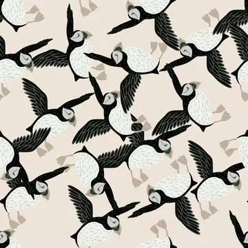 Hand drawn creative seamless pattern with random abstract puffin birds shapes Illustrazione stock