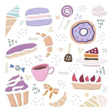 Hand drawn creative sweets design set. Doodle style vector illustration Stock Illustration