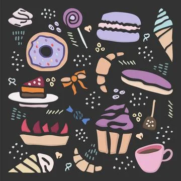 Hand drawn creative sweets design set. Doodle style vector illustration Stock Illustration