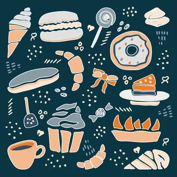 Hand drawn creative sweets design set. Doodle style vector illustration Stock Illustration