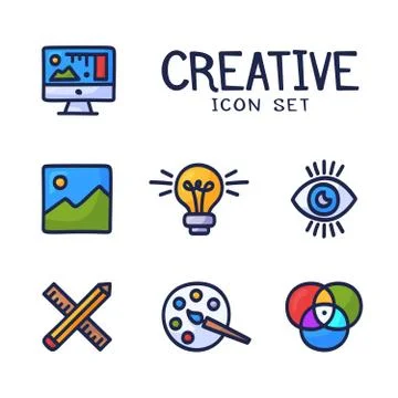 Hand drawn Creativity Graphic and web design line icons. Cartoon doodle vecto 스톡 일러스트