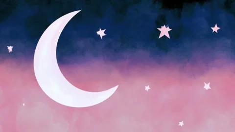 Hand drawn crescent moon and stars over pink cloudy night sky background se.. Stock Footage 342046234