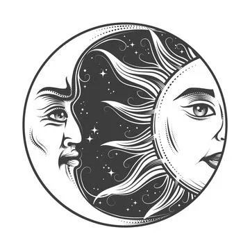 Hand Drawn Crescent Moon and Sun Engraving Tattoo Stock Illustration