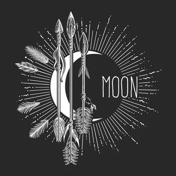 Hand Drawn Crescent Moon with Arrows Drawn in Boho Style Stock Illustration