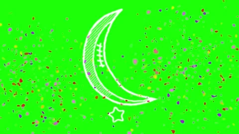 Hand drawn crescent moon icons animated with colorful confetti particles Stock Footage 346124239