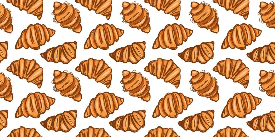 Hand-drawn croissant Pattern. Seamless Print of French dessert, breakfast. .. Stock Illustration