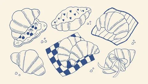 Hand drawn croissant vector set in blue line art style. Minimal mediterranean Illustrazione stock