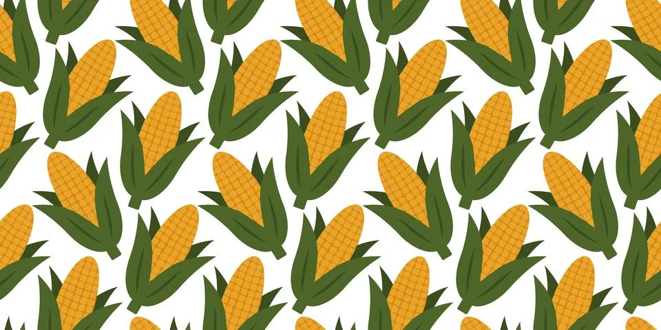 Hand drawn Crop Corn Cob with Green Leaves Seamless pattern Harvesting or Stock Illustration