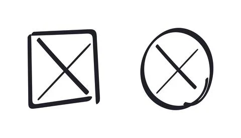 Hand drawn Cross in Circle, Square border. Mark choice No. Isolated black ink Stock Illustration