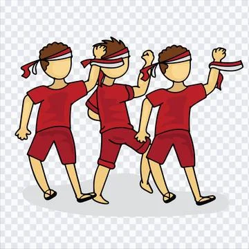 Hand Drawn Crowd People with Flag Ribbons for Indonesia Independence Day. V.. Illustrazione stock