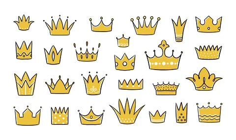 Hand drawn crown. Doodle king and queen symbol. Royal graphic elements. Yellow Stock Illustration