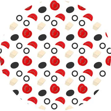 Hand drawn Cubes Cheese sliced Tomato Olives fruits and rings Seamless Pattern Stock Illustration