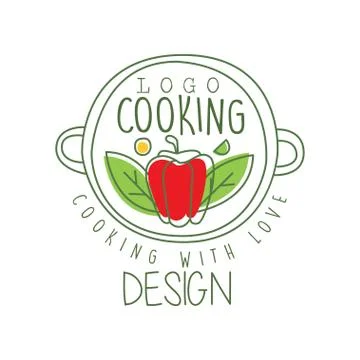 Hand drawn culinary logo design with pepper in a pan and cooking with love Stock-Illustration