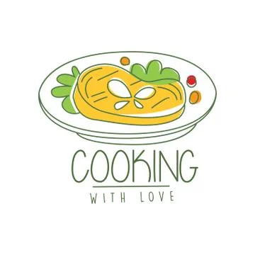 Hand drawn culinary logo original design with tasty dish. Meat with greens and Illustrazione stock