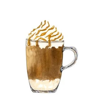 Hand drawn cup of coffee latte. Watercolor caramel frappe illustration. Stock Illustration
