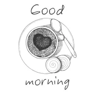 Hand drawn cup of coffee the top view. Stock Illustration