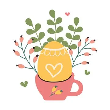 Hand drawn cup with Easter egg spring flowers and leaves. Patterned eggshell  Stock Illustration