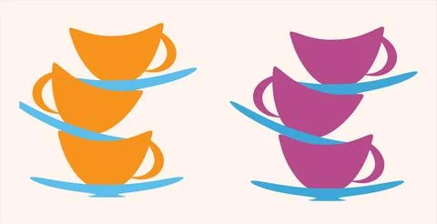 Hand drawn cup set in orange blue and purple color set of 2 Stock Illustration