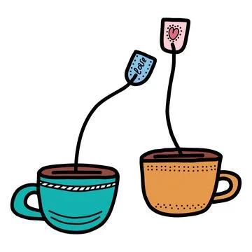 Hand-drawn cup with a tea bag for lovers. Design elements for Valentines Da.. Stock Illustration