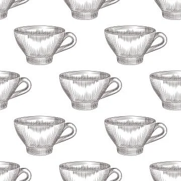 Hand drawn cup of tea seamless pattern on white background. Engraving vintage 스톡 일러스트