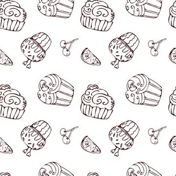 Hand drawn cupcake and fruit pattern with muffin and cherry, citrus. Stock Illustration