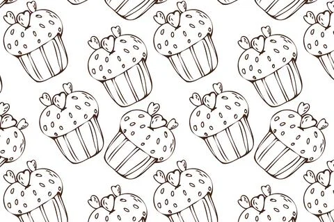 Hand drawn cupcake and hearts doodle background for bakery Stock Illustration