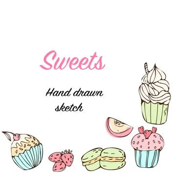 Hand drawn cupcake and macaroons, berry - sweets background Stock Illustration