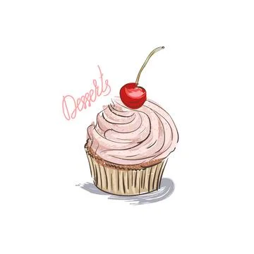Hand drawn cupcake with cherries isolated on white background. Vector art Stock Illustration