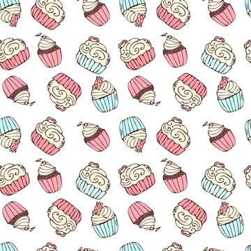 Hand drawn cupcake colorful pattern with muffin and strawberry, cherry, coo.. Stock Illustration