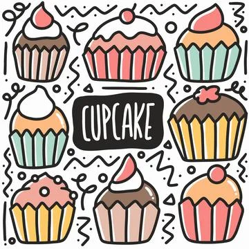 Hand drawn cupcake doodle set Stock Illustration