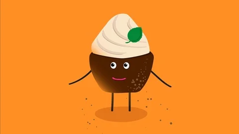 Hand drawn cupcake with face on an orange background. Cartoon funny cupcake Stock Footage 116628328
