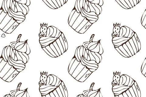 Hand drawn cupcake pattern with muffin and strawberry, cookies. Bakery sweet Stock Illustration