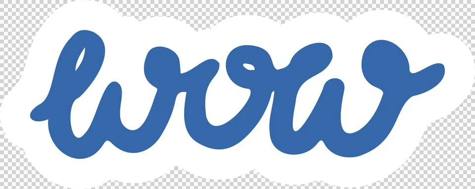 Hand-drawn cursive wow is being shown as bold blue flat design sticker on Ilustración de archivo