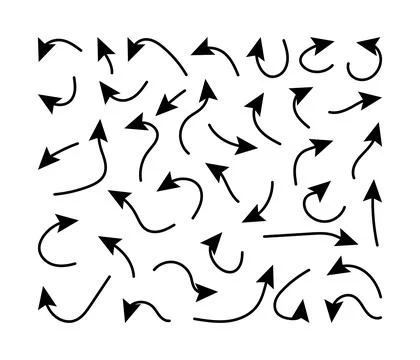 Hand drawn curve arrow set. Black doodle icons isolated on white background.. Stock Illustration