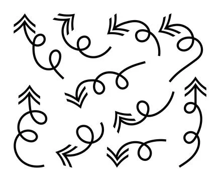 Hand drawn curve arrow set. Black doodle icons isolated on white background.. Illustrazione stock