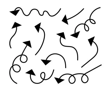 Hand drawn curve arrow set. Black doodle icons isolated on white background.. Stock Illustration