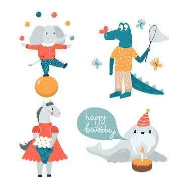 Hand drawn cute animals Stock Illustration