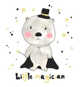 Hand drawn cute bear with hand drawn lettering little magician. Can be used for 库存插图