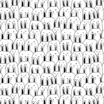 Hand Drawn Cute Bunny Vector Pattern Background. Doodle Funny. Handmade Vector Stock Illustration