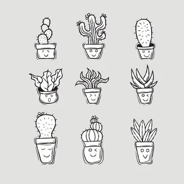 Hand drawn cute cactus trees doodle set illustration design Illustrazione stock