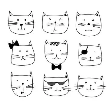 Hand Drawn Cute Cat Characters Set. Stock Illustration