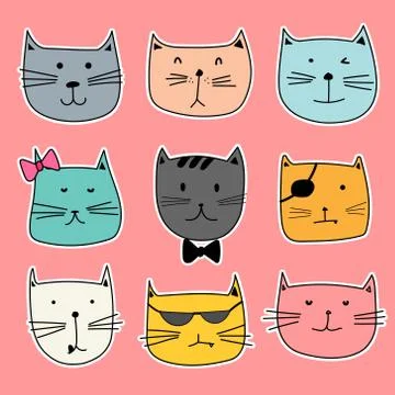 Hand Drawn Cute Cat Characters Set. Stock Illustration