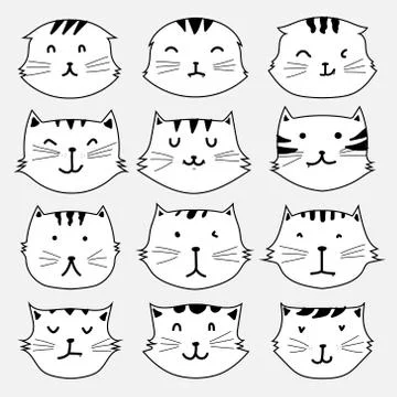 Hand Drawn Cute Cat Characters Set. Stock Illustration