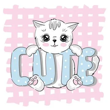 Hand drawn cute cat kitten pink cheeks isolated on a pink patch background and Stock Illustration