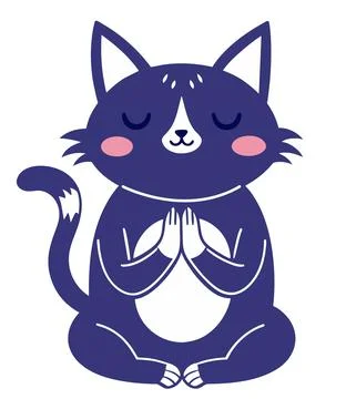 Hand drawn cute cat praying or meditating Stock Illustration