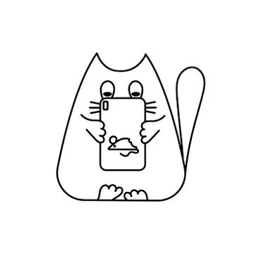 Hand drawn cute cat with a smart phone. Kitten character Isolated on white ba Stock Illustration