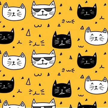 Hand Drawn Cute Cat Vector Pattern. Doodle art. Stock Illustration