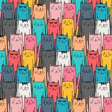 Hand Drawn Cute Cat Vector Pattern. Doodle art. Stock Illustration