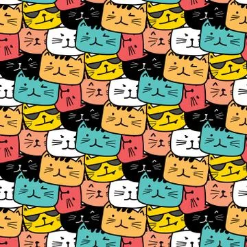 Hand Drawn Cute Cat Vector Pattern. Doodle art. Stock Illustration